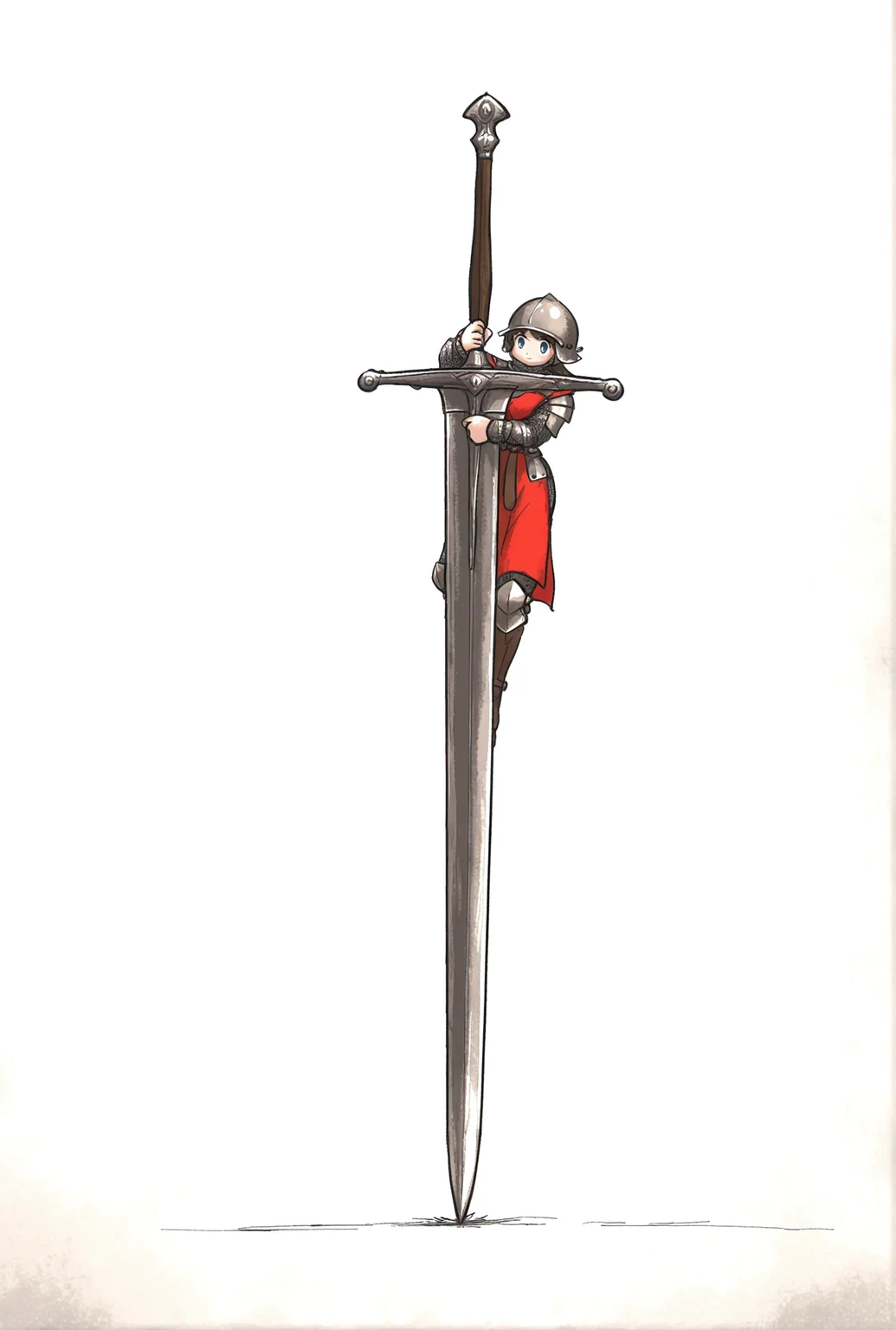 (artist: ironlily:1), 1girl, steel armor, chainmail, tabard, holding giant sword, one lag on stone, white background, masterpiece, best quality