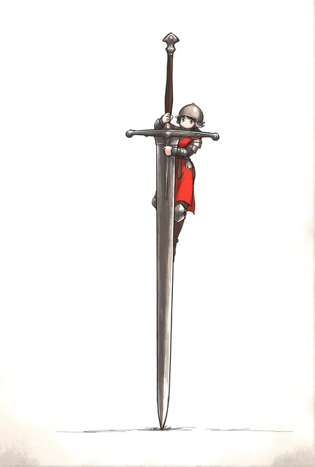 (artist: ironlily:1), 1girl, steel armor, chainmail, tabard, holding giant sword, one lag on stone, white background, masterpiece, best quality