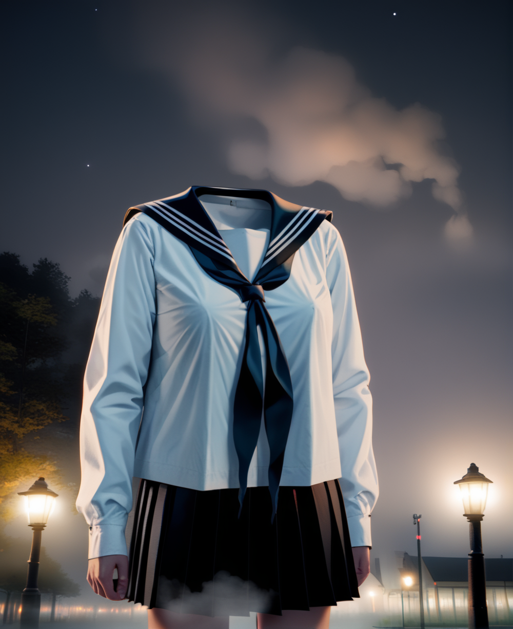 StudentofMisery,white shirt,neckerchief,pleated skirt,sailor collar,headless,
standing,upper body,
night,fog,park,<lora:StudentofMisery:0.8>,