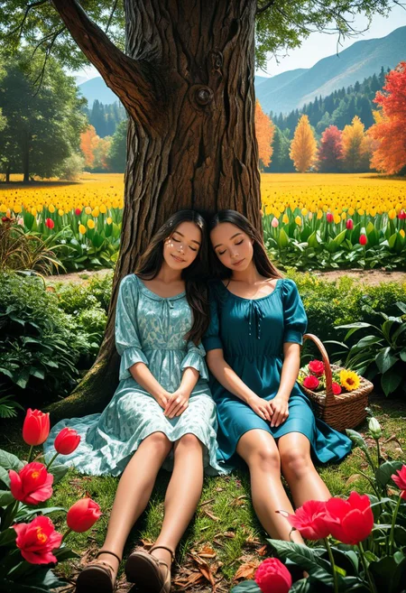 SmoothNoob_Quality, realistic, realistic textures, dramatic shadows, 2girls, side-by-side, leaning on another, sleeping, happy, against tree, autumn, autumn leaves, bare tree, basket, bush, dappled sunlight, day, dress, foliage, garden, grass, hibiscus, jungle, long hair, mountain, nature, sitting, on ground, flower field, flowers, tulip, rose, sunflower, outdoors, under tree, cowboy shot