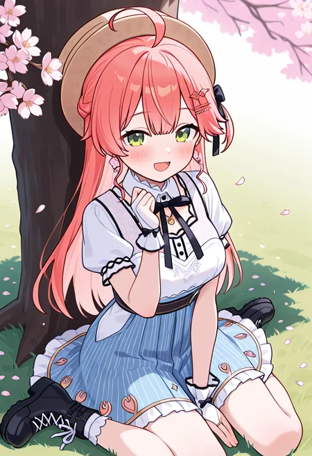 masterpiece,best quality,absurdres,perfect lighting,tree,cherry blossoms,petals,grass,
*//*,<lora:Sakura_Miko-Illustrious:1>,sakumiko_2offset,1girl,solo,sakura miko,virtual youtuber,green eyes,pink hair,long hair,bangs,ahoge,hair ornament,hairclip,white shirt,short sleeves,puffy sleeves,wrist cuffs,bridal gauntlets,striped skirt,blue skirt,frilled skirt,hat,boots,black footwear,earrings,jewelry,
*//*,looking at viewer,cowboy shot,light smile,open mouth,sitting,wariza,against tree,
