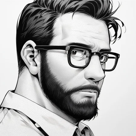 score_9, score_8_up, score_7_up, 1boy, glasses, solo, male focus, beard, facial hair, stippling, stippling drawing, stippling style