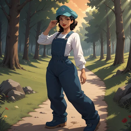 score_9, score_8, BREAK, solo, black hair, cyan headwear, brown eyes, dark skin, dark skin female, red lips, lipstick, white shirt, long sleeves shirt, dark blue overalls, dark blue shoes, Audrey_Ramirez_(Atlantis), sexy pose, self portrait, smile, outdoors, sunlight, shadows, evening lighting, natural lighting, forest, trees, grass, orange sky, sunset