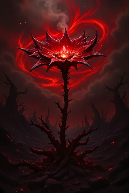 A demonic flower with razor-sharp petals emerges from cracked soil, its core pulsating with a fiery, hellish glow. Wisps of smoke rise from its edges as if it has just been scorched by an unseen flame. The background is a swirling mix of deep reds and blacks, giving the impression of an apocalyptic wasteland where only this monstrous bloom survives. Dark silhouettes of twisted trees stand like skeletal sentinels in the distance, their branches resembling grasping fingers., <lora:aidmaImageUpgrader-FLUX-V0.2:0.5><lora:PinkieFluxProUltraFantasia><lora:FluxDFaeTasticDetails:0.7>