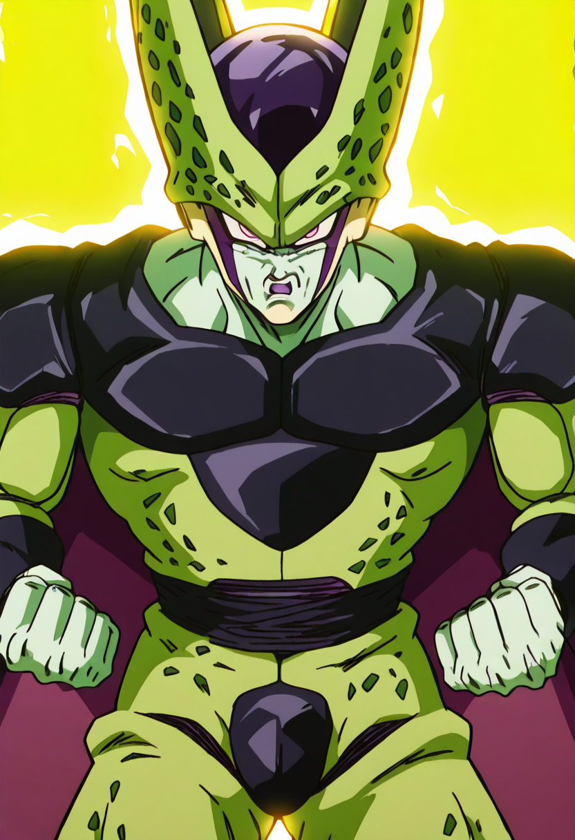 masterpiece, best quality, 1boy, solo, looking at viewer,   zzCell, pink eyes, colored skin, green skin,    <lora:CellPerfectDB_IXL:1.0>,   <lora:DBSBroly_Style_IXL_v2:0.8> anger vein, angry, clenched hands, veins, yellow aura,