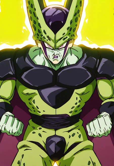 masterpiece, best quality, 1boy, solo, looking at viewer, zzCell, pink eyes, colored skin, green skin, <lora:CellPerfectDB_IXL:1.0>, <lora:DBSBroly_Style_IXL_v2:0.8> anger vein, angry, clenched hands, veins, yellow aura,