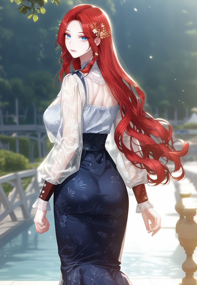 zPDXL3, score_9_up, score_8_up, score_7_up, (Anime_source),Masterpiece,(perfect female body:1.2), (incredibly detailed:1.4), slim, small waist, beautiful fingers, beautiful white skin, Beautiful clear skin, (large breasts:1.4)  looking at viewer, big breasts,  <lora:Hilaria_Guenièvre_-_Concubines_Invitation-Kaleid_PONY:1>hilariaguenievre, 1girl, blue eyes, red hair, long hair, ass, perfect ass, skirt, long skirt, hair ornament, long sleeves, dress, see-through, from behind, looking back,