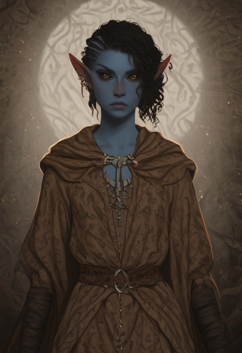 solo, short pointy ears, piercings, random elf face, aquiline features, androgenous dark elf, weathered skin, large nose, athletic build,  animated realism, zoomed out, Syrian features, torso, brass pipes and gears, intricate architecture, dwarven masonry, dwemer fixtures, white-green light, gloomy lighting, ancient ruins, interior, stone tiled floor, grey-blue skin, mahogany and ivory clothes, medium armor, bone plate armor, ivory straps and fittings, alien bone ornaments, grey wood neckguard, dark red sclera, black pupils, distant mushroom forest, blue-green light, neon, highly detailed, defined features, looking at viewer, three quarters view, from front, dynamic lighting, 18 years old, light and shadows, patterned cloth, annoyed expression, expressive eyes, detailed medieval clothes, small_breasts, short hair, wavy hair, thick hair, beaded hair, braided hair, under cut hair, semirealistic, alien elf, spanish features, jewish features, black hair, dark red hair, umber skin, sharp features, pastel green berber print cloak, nighttime, high detail, absurdres, pretty eyes, detailed eyes, yellow eyes,
