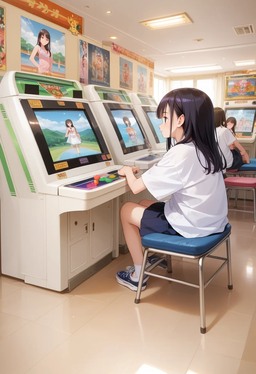 score_9, score_8_up, score_7_up, rating_safe, masterpiece, best quality, absurdres, unity 8k wallpaper, official art, official style, source_anime, uncensored, game cg, megami magazine,
game_center, scenery, japan, arcade cabinet, poster (object), indoors, multiple girls, sitting
<lora:gamecenter_pony_V1:1>