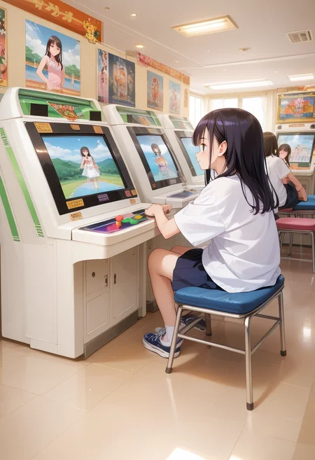 score_9, score_8_up, score_7_up, rating_safe, masterpiece, best quality, absurdres, unity 8k wallpaper, official art, official style, source_anime, uncensored, game cg, megami magazine,
game_center, scenery, japan, arcade cabinet, poster (object), indoors, multiple girls, sitting
<lora:gamecenter_pony_V1:1>