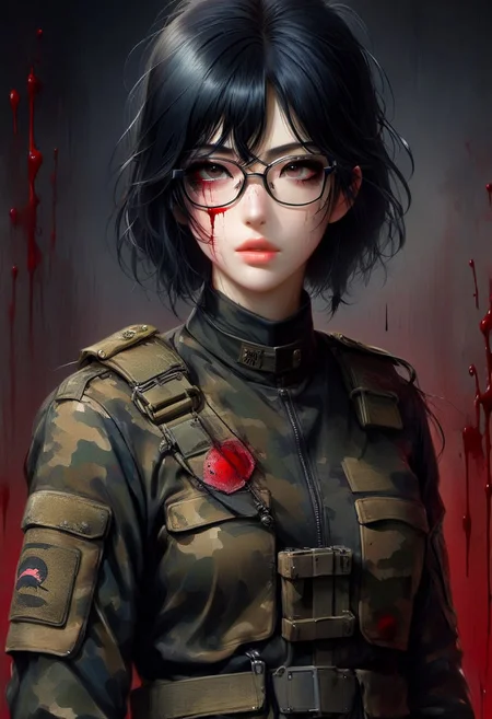 FFROA, full body, 1girl, tomie kawakami as a soldier, perfect face, black gloves, torn ss uniforms, black messy hair, glasses, scar on face, blood on uniforms,