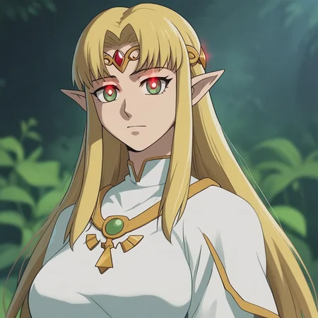 source_anime, D4RK3RTH4NBL4CK, DTB_Style,((score_9)),score_8_up,score_7_up,score_6_up,score_5_up,score_4_up, retro_artstyle, anime style, 1woman, Princess Zelda, blonde hair, large breasts, (green eyes), (C0NTR4CT0R, Contractor, red_pupils, glowing, glowing eyes), looking at viewer, facing viewer, masterpiece, best quality, highres, best illumination, depth of field, Artist style:komori_takahiro