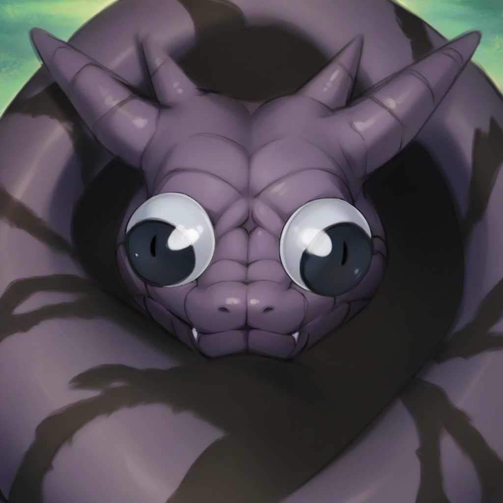 score_9, score_8_up, score_7_up,  source_cartoon, cel shading, fca style, Naruto_Manda, snake, slit pupils, green eyes, purple body, body markings, black eye markings, 2 pair of horns, black belly scales,
googly eyes