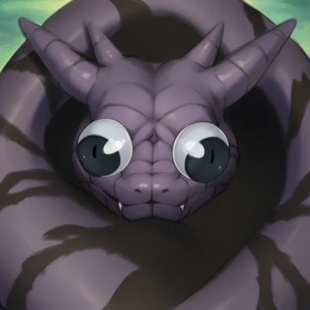 score_9, score_8_up, score_7_up, source_cartoon, cel shading, fca style, Naruto_Manda, snake, slit pupils, green eyes, purple body, body markings, black eye markings, 2 pair of horns, black belly scales,
googly eyes