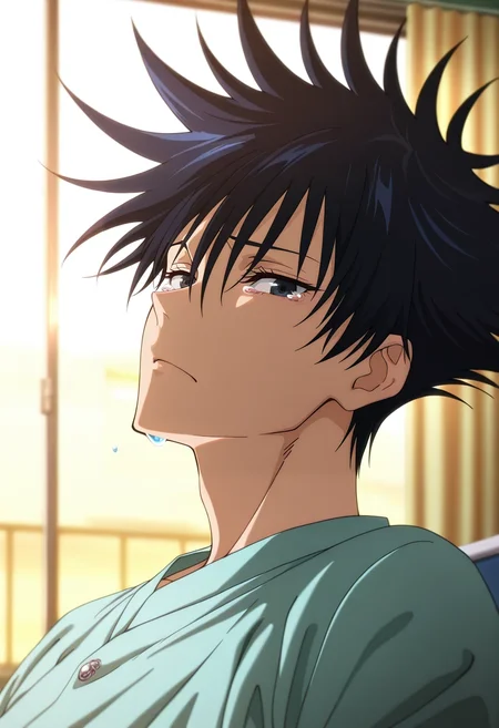 masterpiece, best quality, intricate details, anime screencap, anime coloring, , looking at viewer, 1boy, solo, male focus, <lora:megumi_fushiguro_ilxl:0.96>, megumi_fushiguro, black hair, black eyes, spiked hair, short hair, bangs, hair between eyes, , rule of thirds, hospital, dawn, leaning back, tearing up,