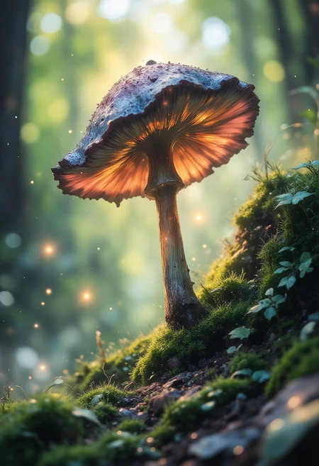 Mushroom and Moss Wonderland
"A detailed macro photograph of a tiny mushroom growing among lush green moss. The mushroom’s delicate gills are beautifully illuminated by soft, diffused light filtering through the forest canopy. Tiny droplets of moisture cling to the moss, adding a sense of freshness and wonder."