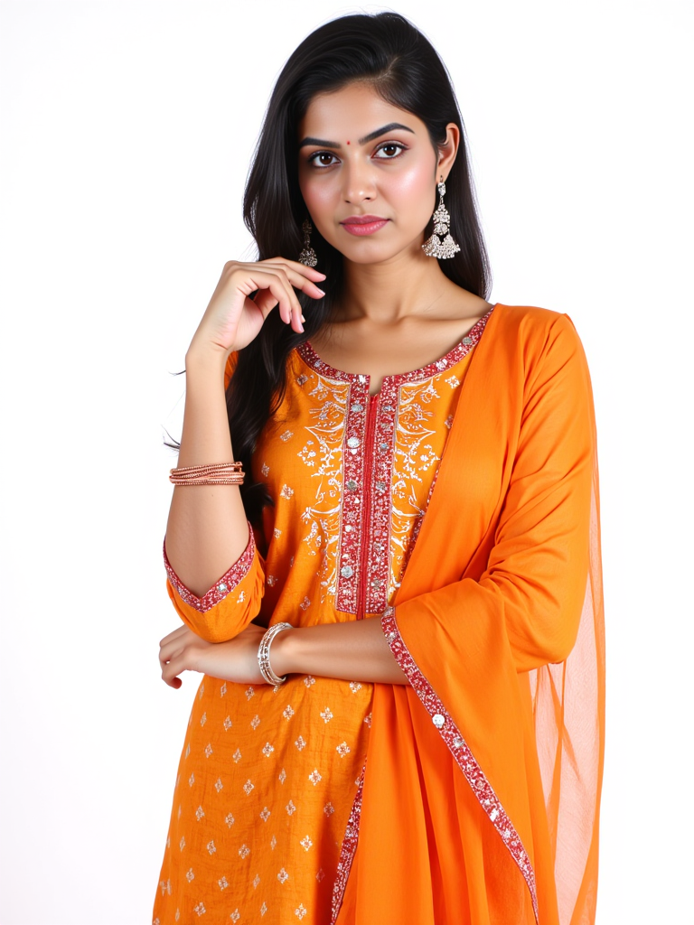 close_up portrait photo of 25 year old beautiful desimocha woman, (plain white background: 1.6), __colors__ ethnic print __desi_clothes__, fashion photography, dynamic pose, facing viewer