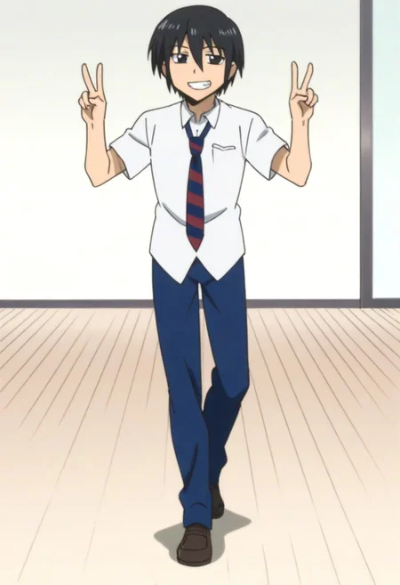 ((1male focus, solo boy focus, one character only)), anime, anime screencap, perfect eyes, perfect anatomy, perfect hands, handsome, attractive, sexy, good-looking, ((Tadakuni, black hair, black eyes, striped necktie, white collared shirt, untucked, short sleeves, blue pants)), smile showing teeth, happy, ✌ gesture, v-sign fingers, peace gesture