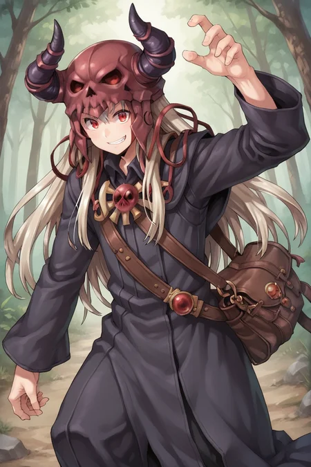 (score_9, score_8_up, score_7_up, score_6_up), source anime, BREAK, <lora:Necromancer:0.75> , necdef, 1boy, red eyes, long hair, grey hair, horned helmet, skull brooch, collared robe, black robe, long sleeves, bag, looking at viewer, solo, standing, smile, (cowboy shot), action pose, dynamic pose, <lora:zy_Detailed_Backgrounds_v1:0.3> , detailed background, highly detailed, outdoors, forest, <lora:90s4n1m3XLP:0.6> , 90s4n1m3,