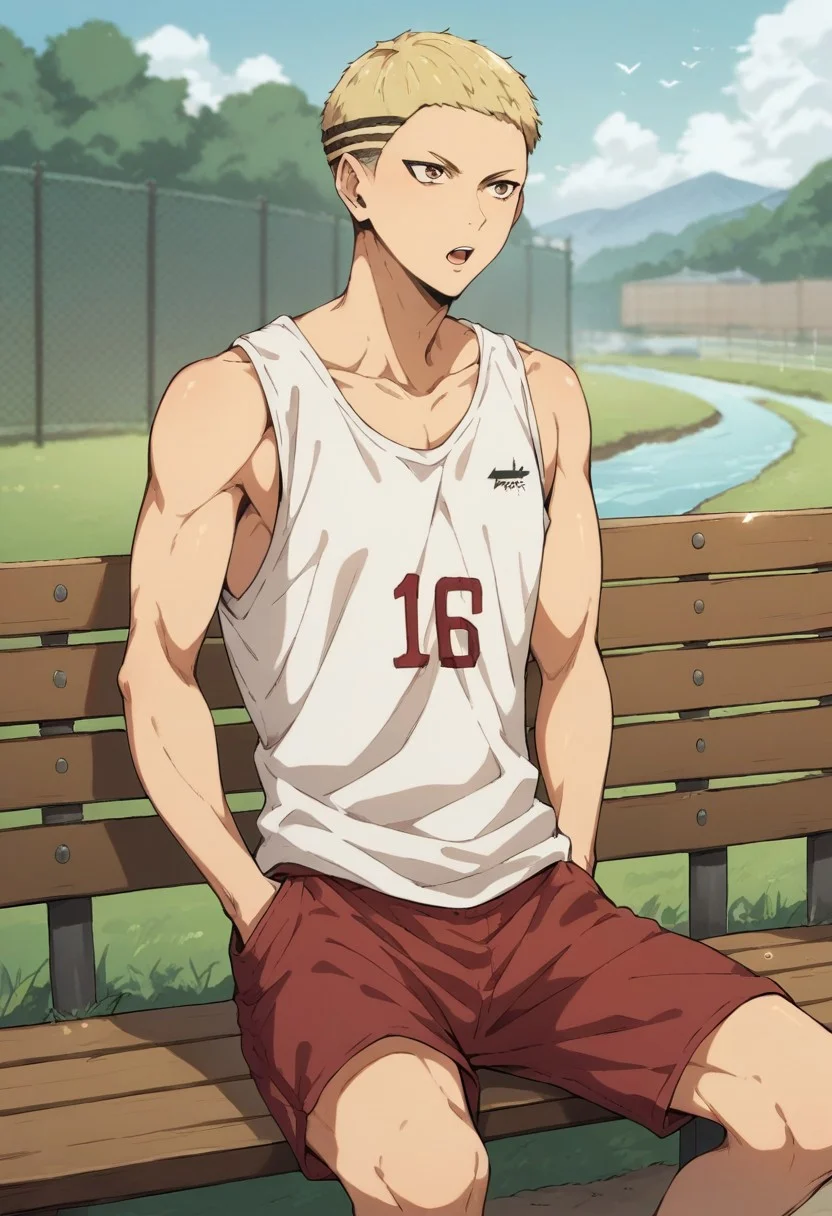 score_9, score_8_up, score_7_up, source_anime, rating_safe, wooden fence, Kenaikyu, blonde buzz cut, 1boy, male focus, open mouth, hands in pockets, tank top, red shorts, sitting, bench, blurry rural outdoors, distant river, atmospheric perspective, straight-on,