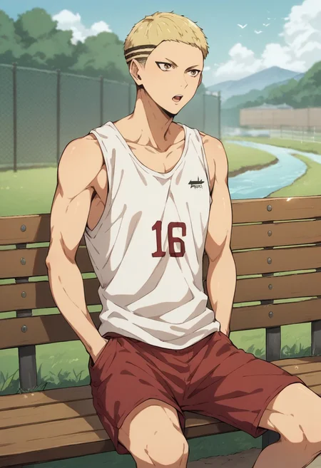 score_9, score_8_up, score_7_up, source_anime, rating_safe, wooden fence, Kenaikyu, blonde buzz cut, 1boy, male focus, open mouth, hands in pockets, tank top, red shorts, sitting, bench, blurry rural outdoors, distant river, atmospheric perspective, straight-on,