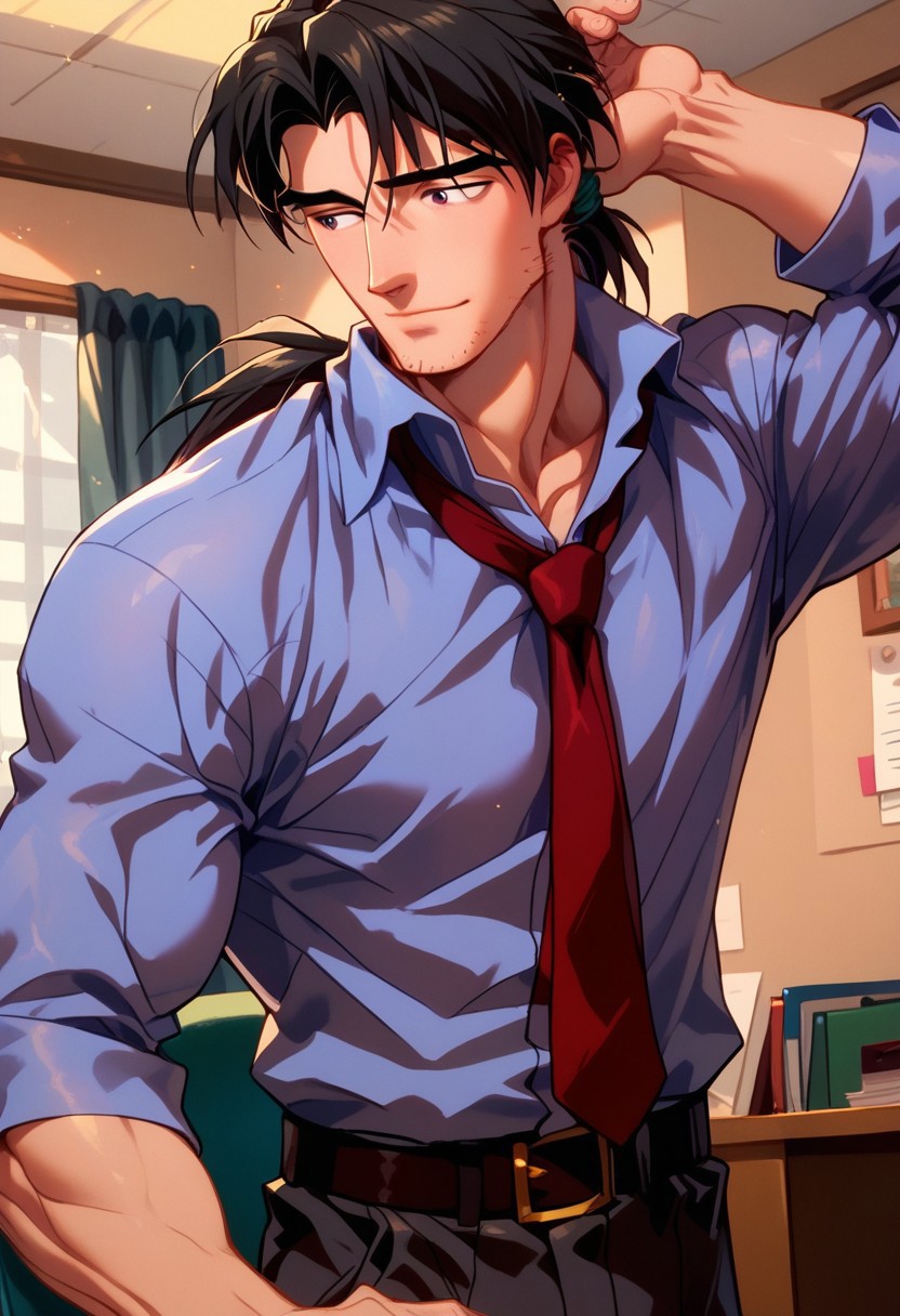 Gay, score_9,score_8_up,score_7_up, solo 1boy, human, bara, muscular,  Pryouji_kaji,low ponytail, kaji_blueshirt, red tie, belt, pants,, stubble,, indoors, office, dynamic angle, close up, bulge, , Expressiveh,