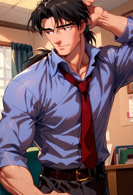 Gay, score_9,score_8_up,score_7_up, solo 1boy, human, bara, muscular, Pryouji_kaji,low ponytail, kaji_blueshirt, red tie, belt, pants,, stubble,, indoors, office, dynamic angle, close up, bulge, , Expressiveh,