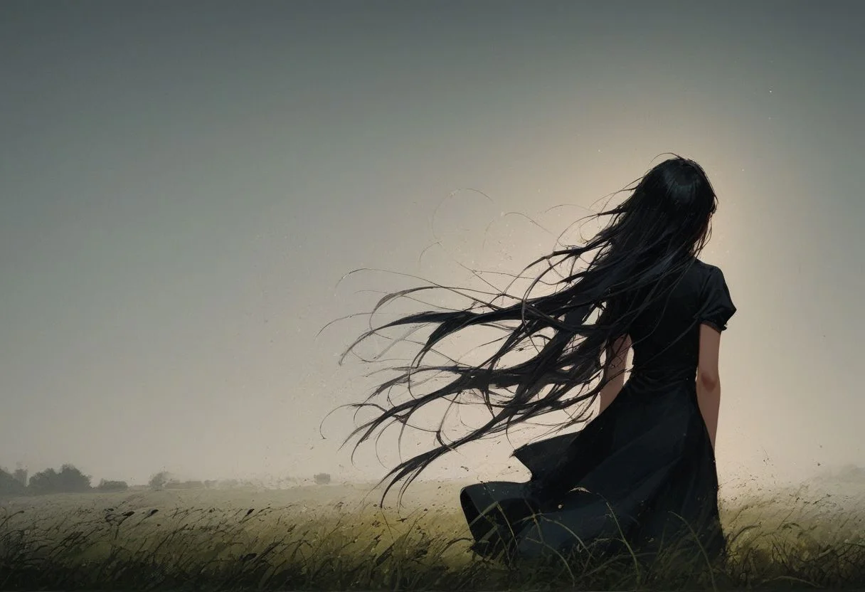 score_9,score_8_up,score_7_up,score_6_up, 1girl; black dress; open field; foggy; misty; grass; very long hair; extremely long hair; black hair; blowing in the wind; strong wind; neutral expression; facing away, from behind