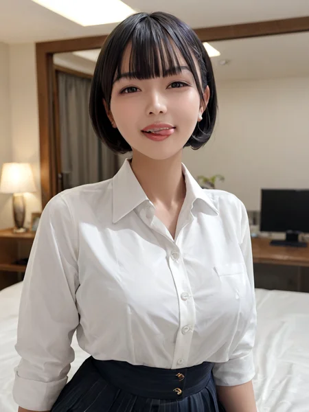 score_9, score_8_up, score_7_up, Hight detail RAW color photo, professional photograph,
(Composition from the waist up:1.5),
Beautiful Japanese Girl, Bobcut with bangs, Puffy face,
sticking out side tongue, Licking lips,
White collared blouse, Illuminated hotel room, peromilk,<lora:peromilk:1:1:lbw=0,0,0,0,0,0,1,1,1,0,0,0>
