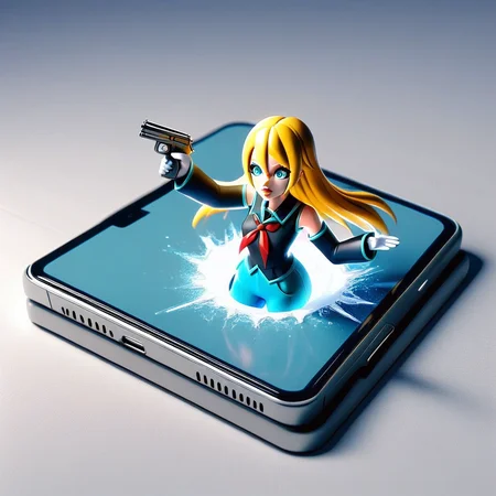 PH12X, blonde hair, school uniform, handgun, detached sleeves, white gloves, black shirt, blue pants, lips, aqua eyes