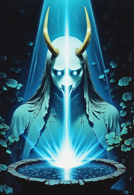ArsMovieStill, movie still from a 1970s horror movie Studio Ghibli Dark Fairytale depicting a cursed hannya mask with horns and fangs blooming out of a blue lotus in a liminal bonsai garden with eerie radiating cyan and magenta miasma satyr