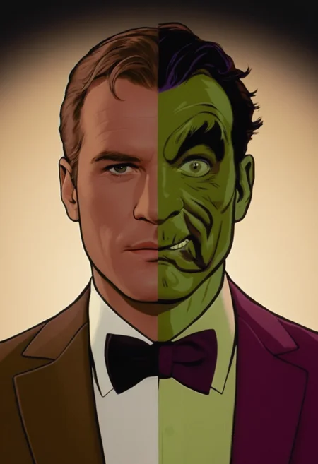 photo, cinematic film still of <lora:Batman1966 Style:0.4>
In year 1966,a man dressed , two-face, split face, side grin, teeth,wearing a two-tone suit, left side brown and right side purple, formal attire with a white shirt and black bow tie, left side of the suit is brown with a standard lapel, right side of the suit is purple, confident and menacing expression, symmetrical pose, realistic, Gotham City, batman universe, ba_ma style, batman style, batman1966 style, shallow depth of field, vignette, highly detailed, high budget, bokeh, cinemascope, moody, epic, gorgeous, film grain, grainy , realistic texture,