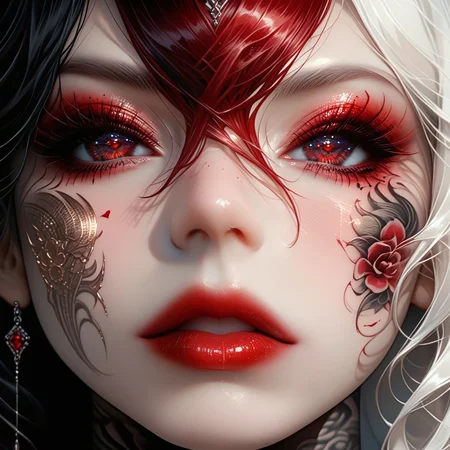 safe_pos, score_9, score_8_up, score_7_up, rating_questionable, rating_explicit, nsfw, uncensored, /BREAK/ red flames, petite body girl 18 years old, (pointy ears:0.8), long hair, (white hair), red garnet colored eyes, big fake breasts, up body, tattoos, tattoo, /BREAK/ hyper detailed, ultra detailed, hight resolution textures, masterpiece, best quality, 32K UHD, Expressiveh, t4ts, epiCRealism, CXP Style, ArsMJStyle, Art Deco, 