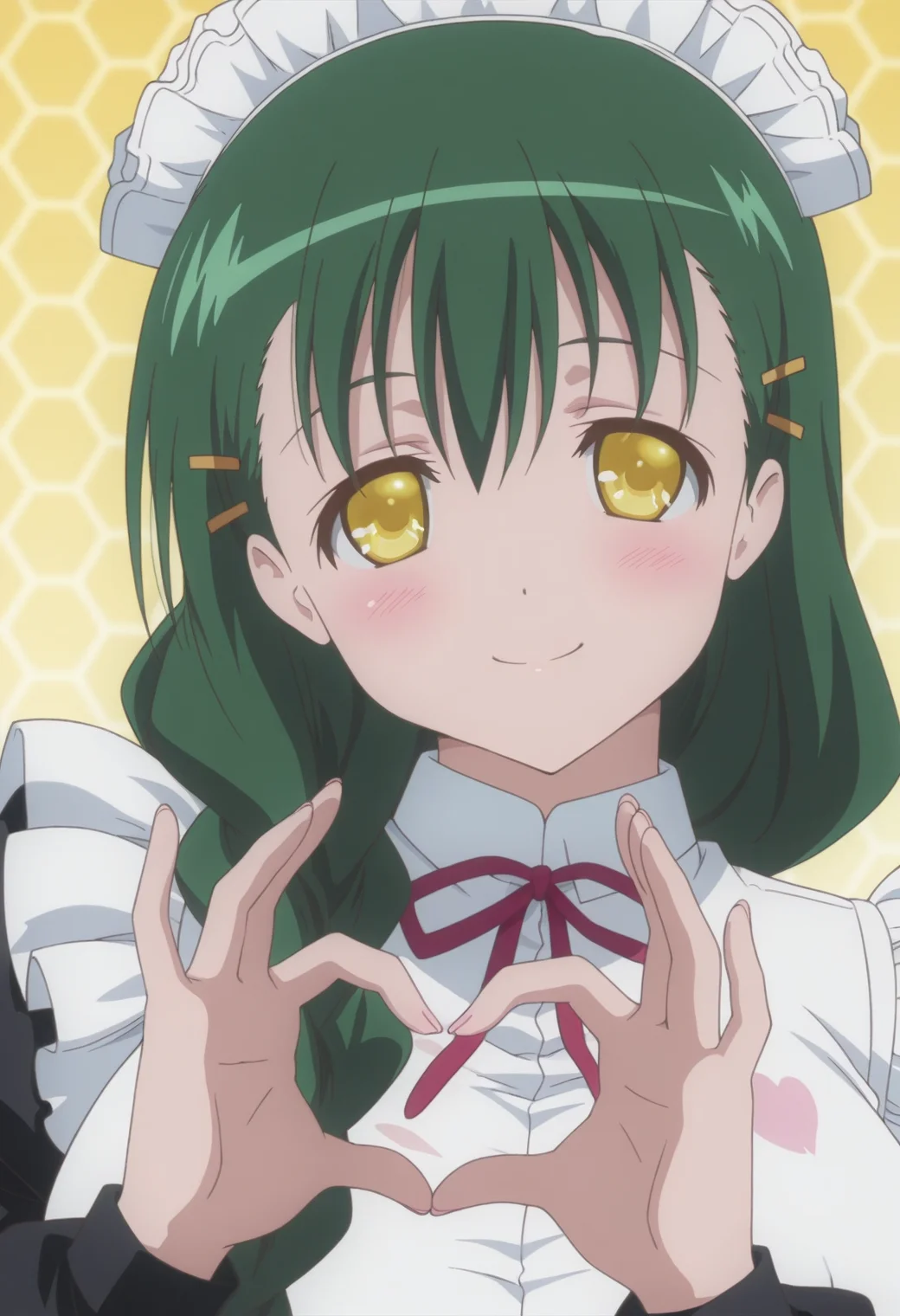 anime screencap, anime coloring, <lora:DX888Sanae:1> shikikagami sanae, yellow eyes, green hair, very long hair, single braid, hair over shoulder BREAK simple background, yellow background, (honeycomb background:1.2), BREAK maid, maid headdress, hairclip, long dress, apron, BREAK 1girl, blush, breasts, hands up, (head tilt:1.2), heart hands, looking at viewer, portrait, solo, upper body, 4-finger heart hands, smile