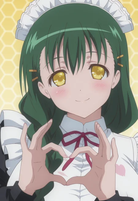 anime screencap, anime coloring, <lora:DX888Sanae:1> shikikagami sanae, yellow eyes, green hair, very long hair, single braid, hair over shoulder BREAK simple background, yellow  background, (honeycomb background:1.2),  BREAK   maid, maid headdress, hairclip, long dress, apron, BREAK    1girl, blush, breasts,  hands up, (head tilt:1.2), heart hands, looking at viewer, portrait, solo, upper body,  4-finger heart hands, smile