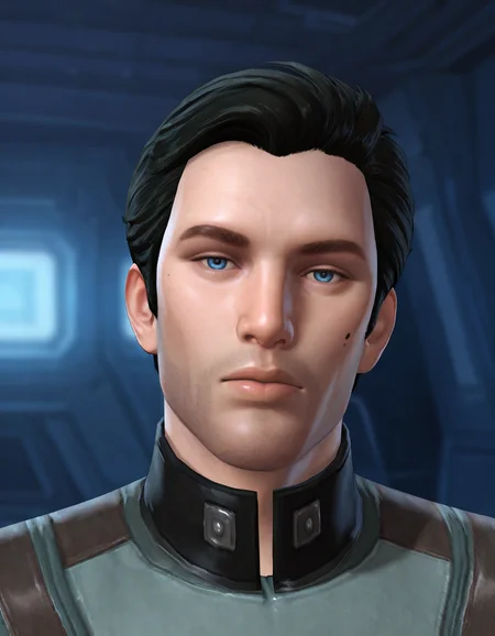 masterpiece, best quality, newest, perfect quality, best quality, detailed background, intricate details, male focus, realistic, <lora:SWTOR - Malavai Quinn - Illustrious-000010:0.8>, m_quinn, 1boy, mature male, black hair, blue eyes, mole on cheek, military jacket, portrait, spacecraft interior, looking at viewer, head tilt