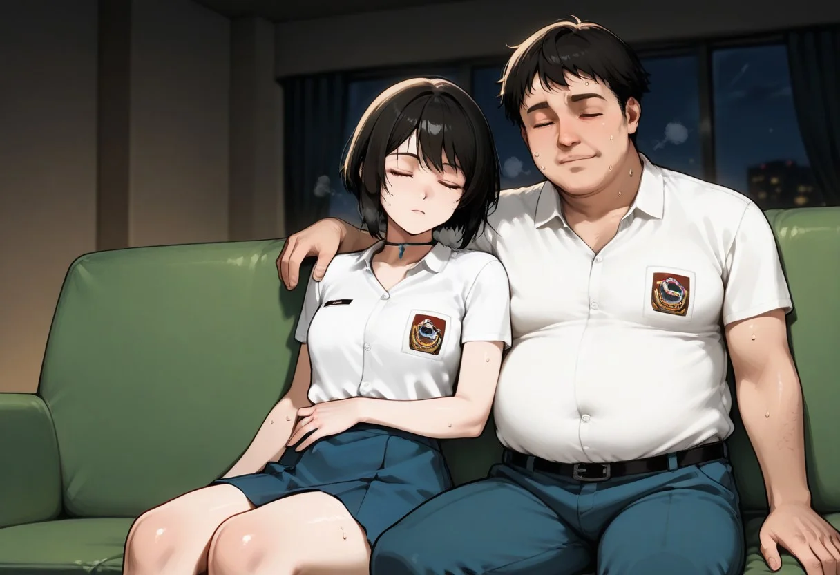 score_9, score_8_up, score_7_up, source_anime, masterpiece, high quality, best quality, highly detailed, insanely detailed, very aesthetic, absurdres, 1girl, 1guy, hetero, indoors, living room, sofa, at night, hot temperature, sultry room, depth of field, fallen asleep, wholesome,
BREAK,
1GIRL, LindawaifuIL, black hair, short hair, bob cut, brown eyes, choker, white shirt, collared shirt, emblem, short sleeves, blue skirt, (shiny skin, sweat), five fingers, sleeping, light smile, exhausted, tired, swelter, feeling hot, very sweaty skin, dripping sweat, sweating, steaming body, hugging, sitting on sofa,
BREAK,
1GUY, random guy, fat man, ugly man, white shirt, collared shirt, emblem, short sleeves, blue pants, sleeping, arm around another, sitting beside girl,