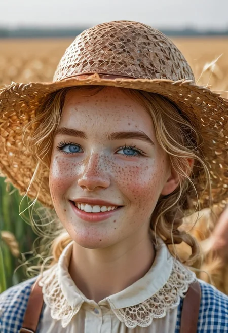 epiCRealism, 1girl, portrait of a farmer girl, bellissima, petit, slender, open smile, wearing leather apron over a checkered white and beige blouse, short sleeves, lace collar and lace on sleeves' rim, neck bow, messy and wavy blond hair, clean blue eyes, natural  beauty, no makeup, big eyes, freckles, large torn straw pointy hat , honest and cute face, wheat field being harvested in the background, hot summer day, sweat brow and temples, warm smile, parted lips, art by mooncryptowow, Detailed natural skin and blemishes without-makeup and acne