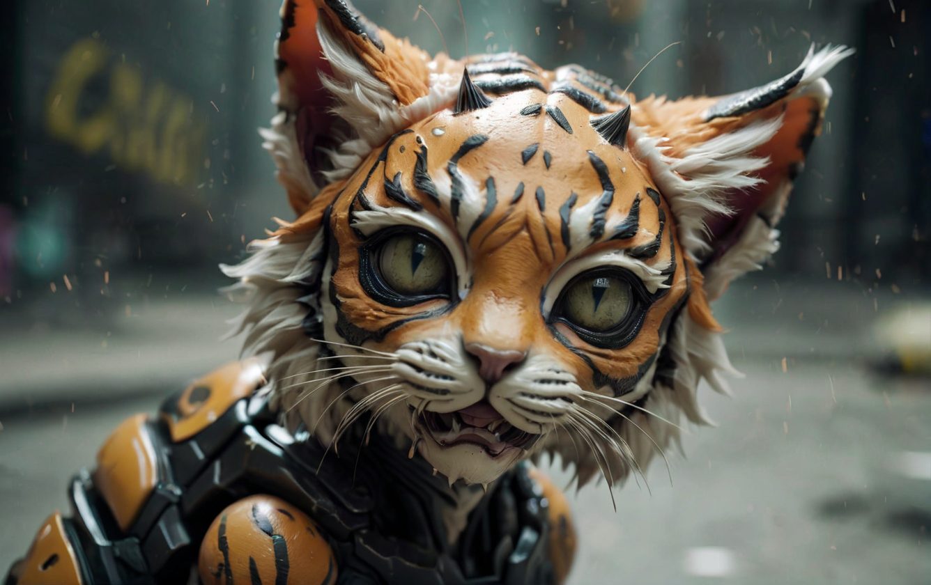 photoshot, motion blur, subversive alien kitten tiger species head close-up, highly detailed, torn, sad<lora:alien-species:1>