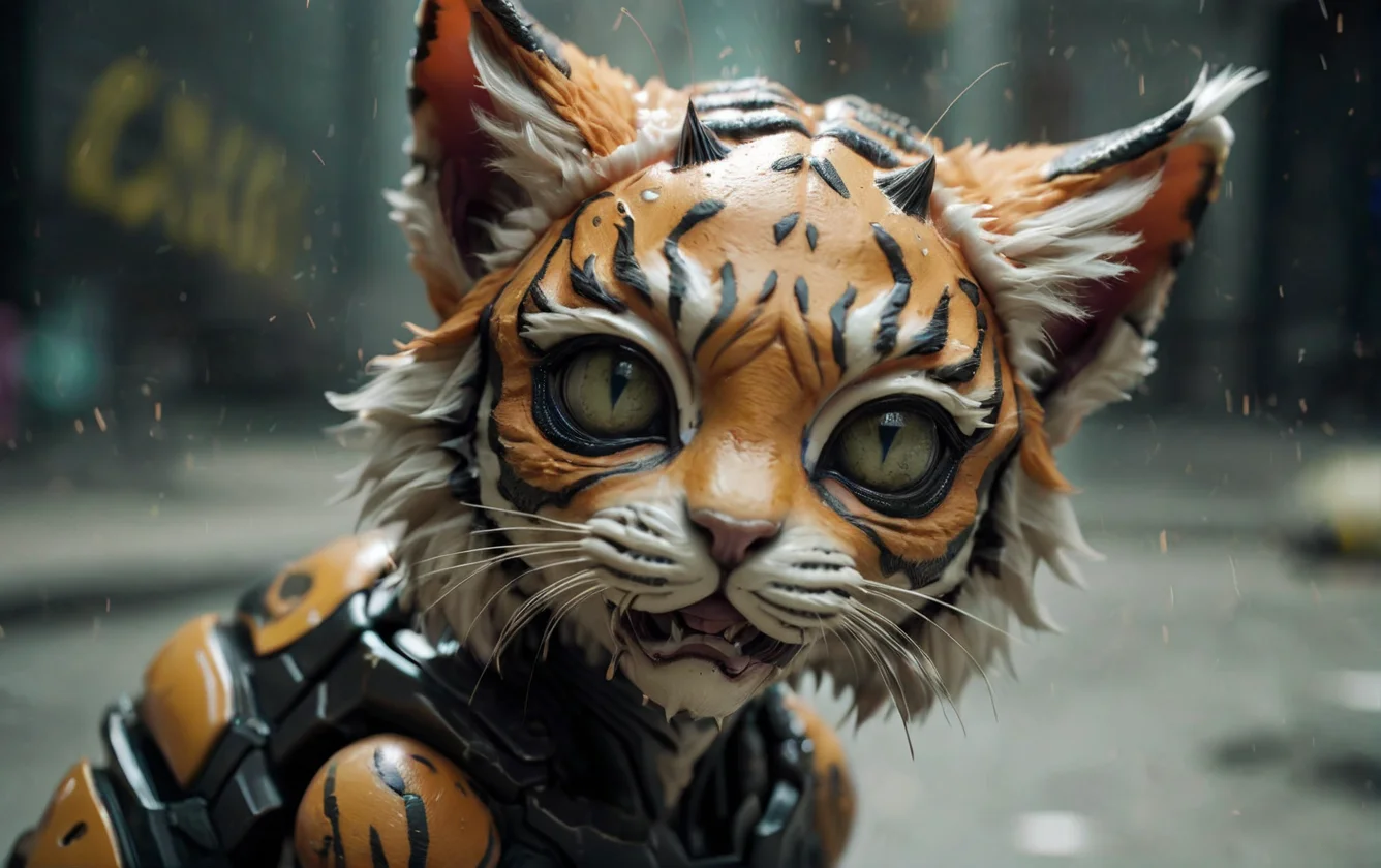 photoshot, motion blur, subversive alien kitten tiger species head close-up, highly detailed, torn, sad<lora:alien-species:1>
