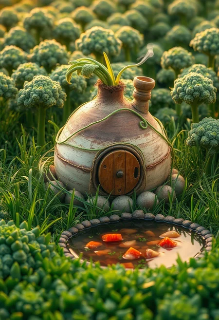 "Create a photorealistic image of a charming turnip house nestled in a lush field of string bean grass, with delicate, curly tendrils wrapping around the turnip's rough, earthy skin. The turnip house has a rustic, natural appearance, with a door made from a sliced carrot and a chimney puffing out gentle wisps of steam. A serene pond of vegetable beef stew glimmers in the foreground, complete with tender chunks of vegetables and a sprinkle of fresh herbs. The surrounding broccoli forest rises up like a emerald sea, with dense, florets of broccoli trees stretching towards the sky. The lighting is soft and warm, with a gentle, golden glow that brings out the textures and colors of the turnip house and its surroundings." highest-Quality, 8 k, intricate details, visually stunning, Masterpiece