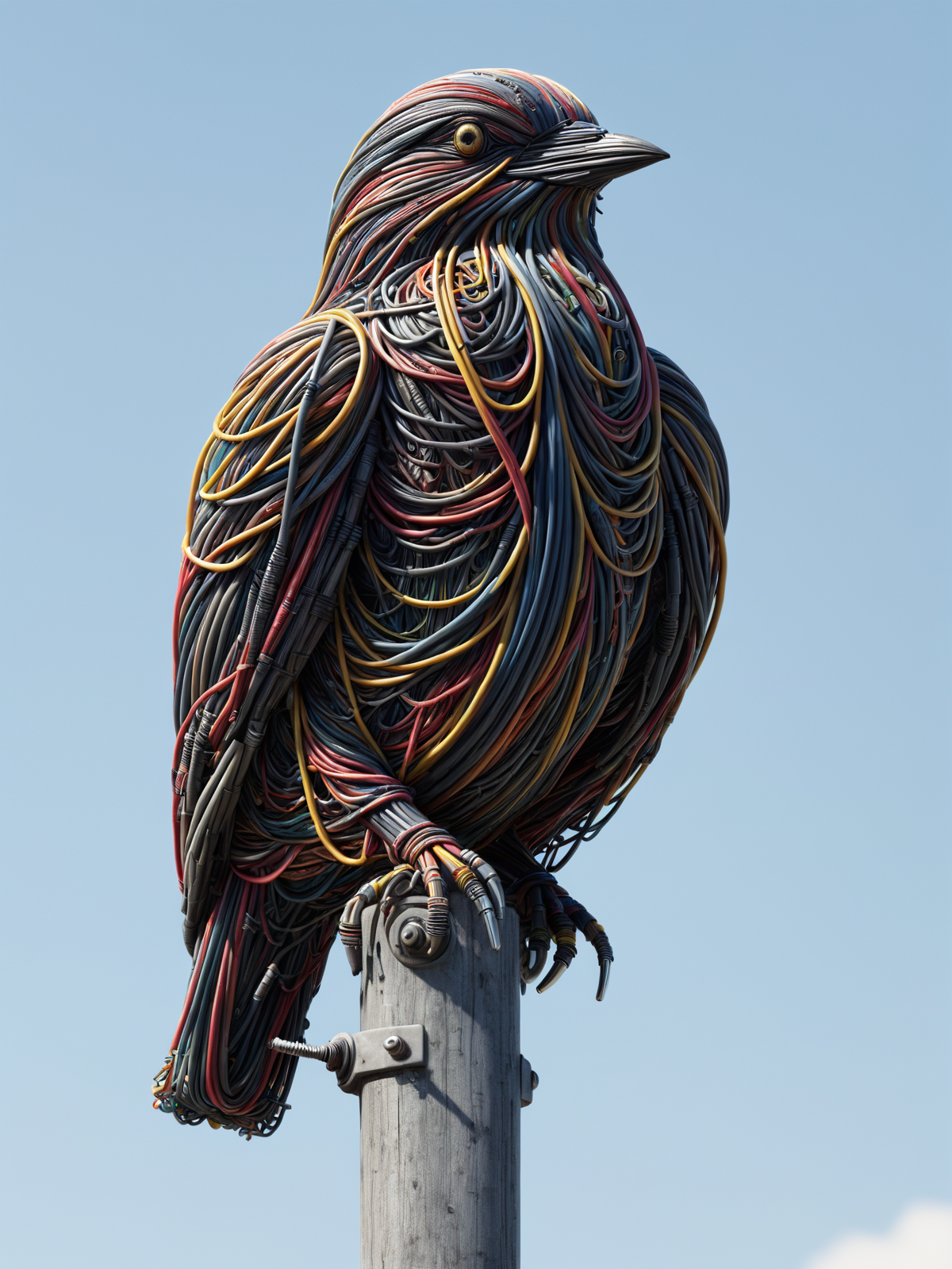 crow made of mad-cables sitting on utility pole,   <lora:Cables_SDXL:0.6>, (masterpiece:1.2), best quality, (hyperdetailed, highest detailed:1.2), high resolution textures