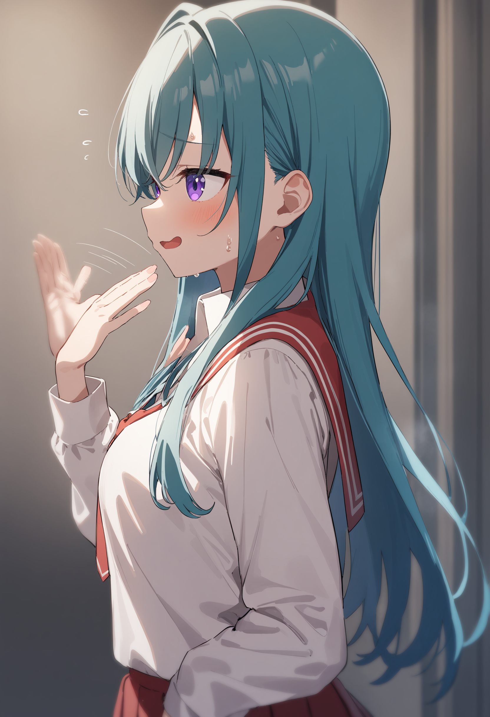 1girl,sincos, ningen mame, toosaka asagi,solo,medium breasts,school uniform,
fanning self,fanning face, hand up, motion lines, sweatdrop, sweat, hot,<lora:fanningself_XL_v1:0.9>
from side, portrait, looking to the side, aqua hair, purple eyes,guilt, in locker room, open mouth,
best quality, very aesthetic, absurdres
