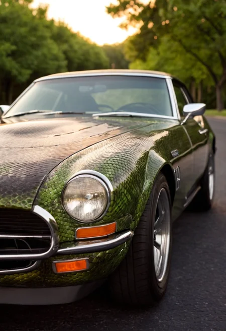 photograph of snake skin car, asphalt sunset, green trees in the background, close-up,
<lora:snake_v1:0.5>