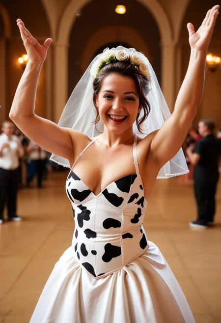 score_9, realistic, amazing photo,
1girl, cowprint, animal print wedding gown, veil, muscular, towering stature, in a wedding venue background, dancing, happy,
blurred background, dynamic focus, dynamic depth of field
