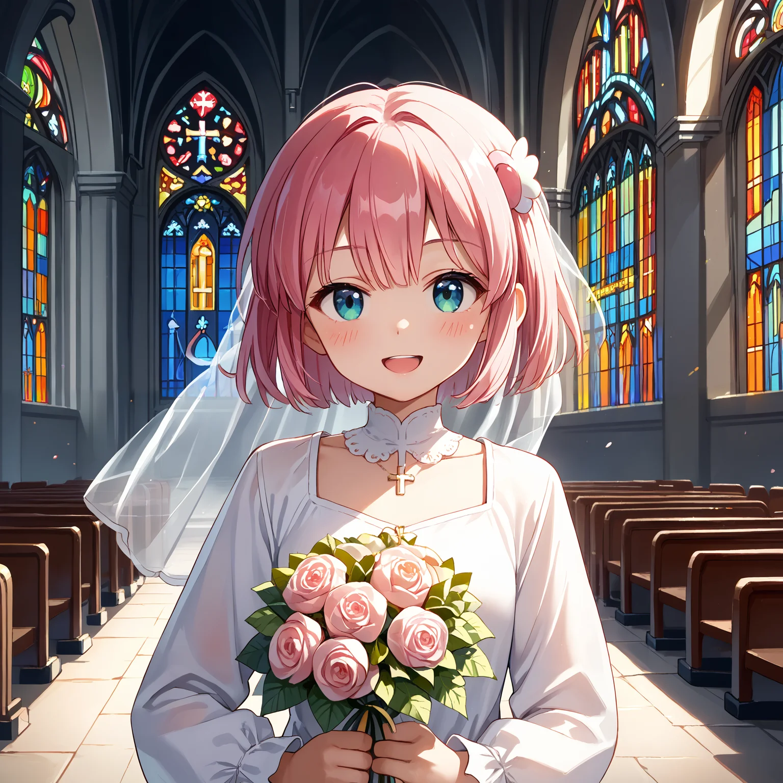 score_9, score_8_up, score_7_up, score_6_up, score_5_up, score_4_up, BREAK source_anime, look at viewer, rating_safe, 1girl, solo, masterpiece, best quality, high detailed skin, chiyoda momo, blue eyes, pink hair, short hair, wedding dress, open mouth, smile, (blush), indoors, church, standing, upper body, holding bouquet,