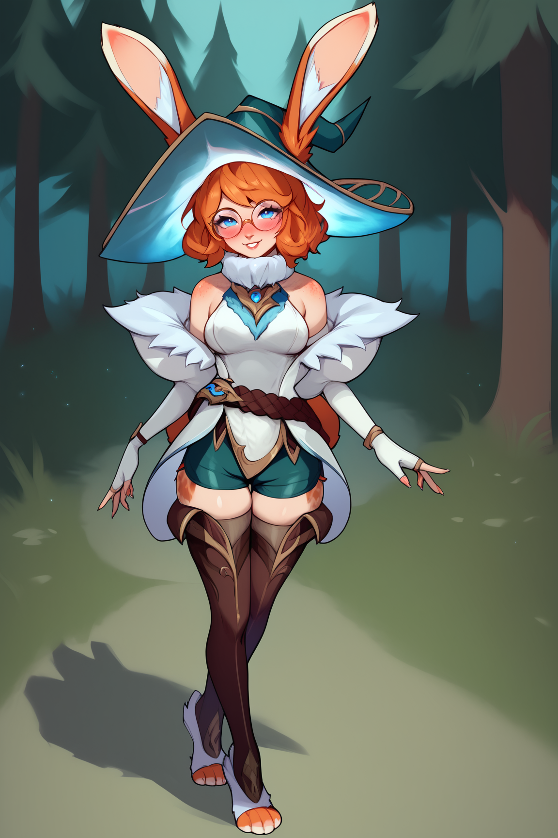 score_9, score_8_up, score_7_up, score_6_up, BREAK, AuroraLoLPXL, glasses, blue eyes, orange hair, short hair, rabbit ears, animal ears, ears through headwear, witch hat, rabbit tail, medium breasts, off shoulders, white jacket, white dress, green shorts, short shorts, brown thighhighs, rabbit feet, solo, full body, standing, seductive smile, looking at viewer, naughty face, nose blush, forest, tree <lora:AuroraLoLPXL:1>
