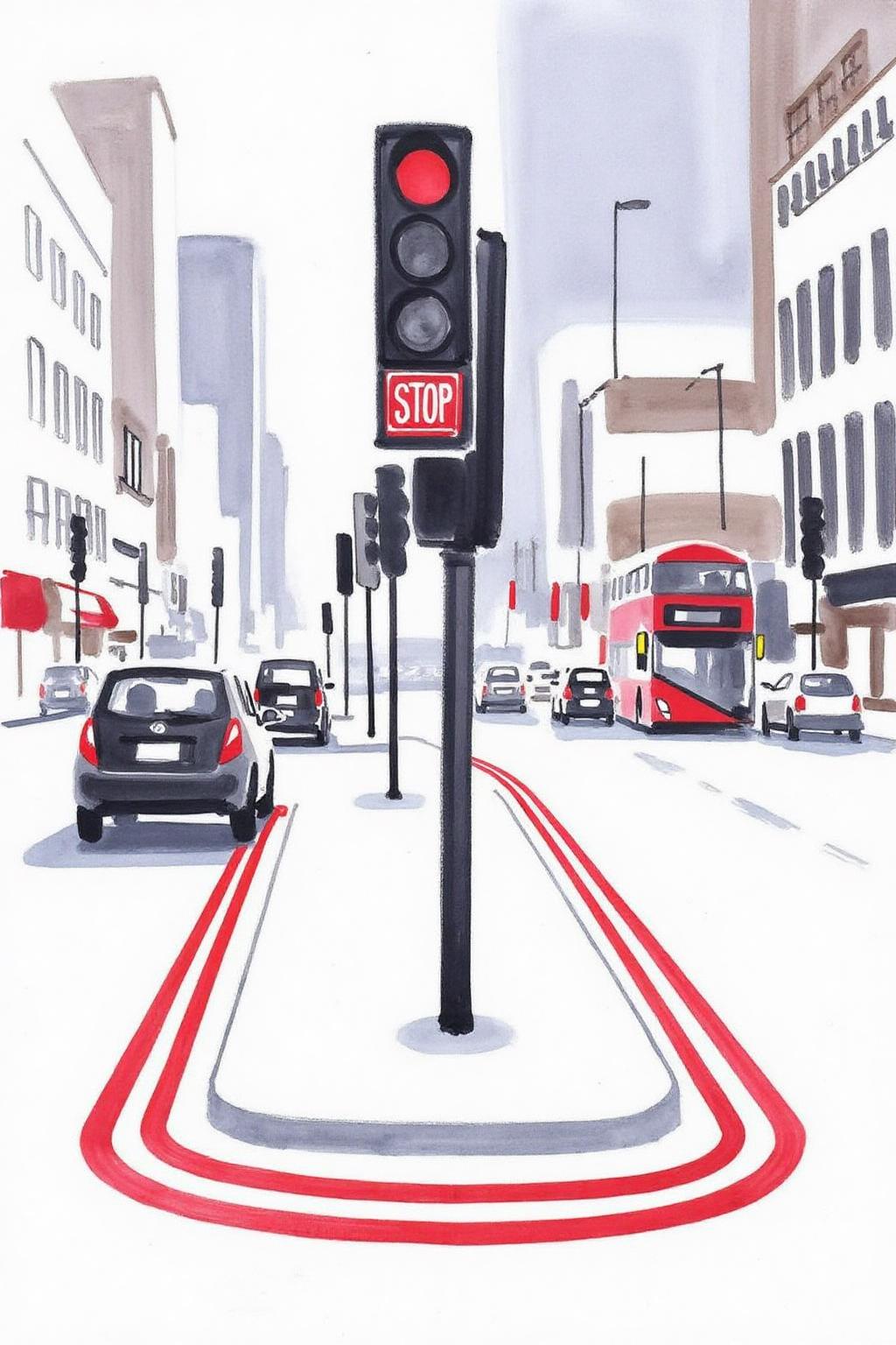 watercolor illustration. 
A city street scene. The central focus is a traffic light mounted on a black pole, positioned slightly off-center to the right. The traffic light shows a red light, symbolizing stop. Surrounding the pole, there are three red lines painted in a rounded, wavy pattern. <lora:minink1_cap_d6a3e12:1.0><lora:825123119753717475:0>