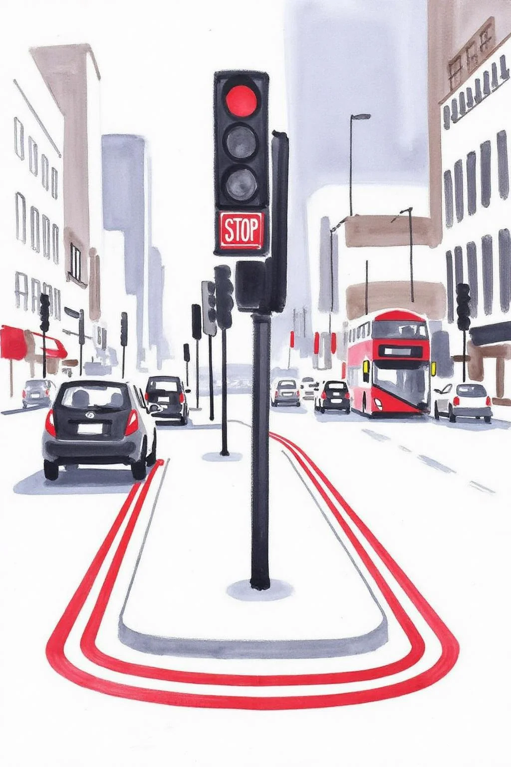 watercolor illustration. 
A city street scene. The central focus is a traffic light mounted on a black pole, positioned slightly off-center to the right. The traffic light shows a red light, symbolizing stop. Surrounding the pole, there are three red lines painted in a rounded, wavy pattern. <lora:minink1_cap_d6a3e12:1.0><lora:825123119753717475:0>