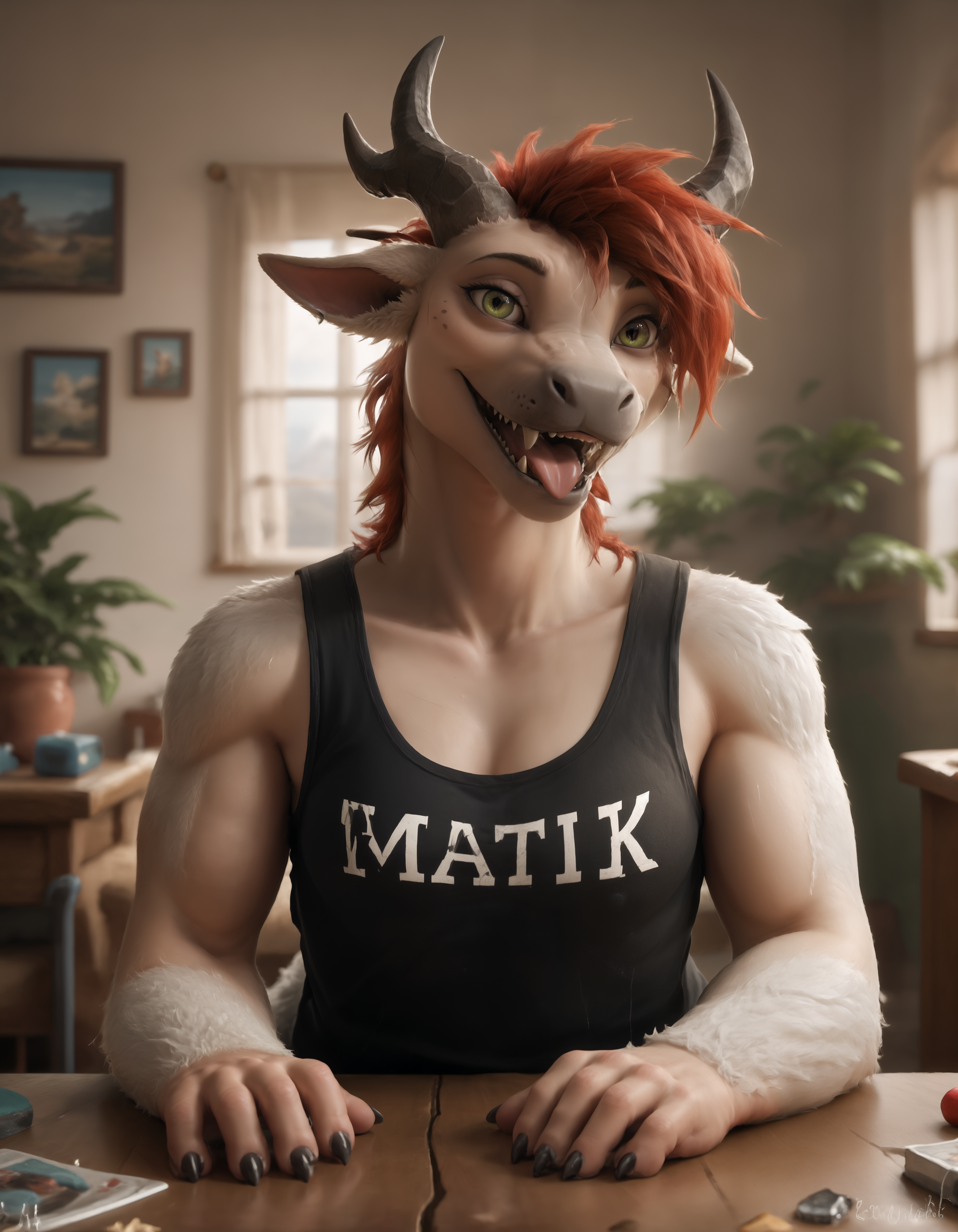 score_9, score_8_up, score_7_up, BREAK (anthro, furry:1.1), depth of field, cinematic lighting, masterpiece, detailed teeth, detailed hands, best quality, ultra realistic, 4k, 2k, film photography, RAW photo, photorealistic, analog style, subsurface scattering, photorealism, embedding:unaestheticXL_bp5, embedding:zPDXL,(best quality, high quality, 8K:1.5), <lora:add-detail-xl:2.5>, <lora:fix_hands.safetensors:2.0>, <lora:2.5DRealisticV2.safetensors:0.20>, <lora:sinfully_stylish_SDXL.safetensors:0.6>, <lora:AdvancedEnhancerXLv2.safetensors:1.0>, (hi res), ((masterpiece)), ((best quality)), illustration, furry, (sfw:1.4), <lora:Kerr-000018.safetensors:0.7>, dragon, furred dragon, furred scalie, mythological creature, mythological scalie, green eyes, scalie, anthro, fur, horns, gynomorph, red hair, looking at viewer, open mouth, smile, tongue, tongue out, (solo:1.2), (black printless tank top shirt:1.2), scalie body, detailed teeth, (face close up:1.25)